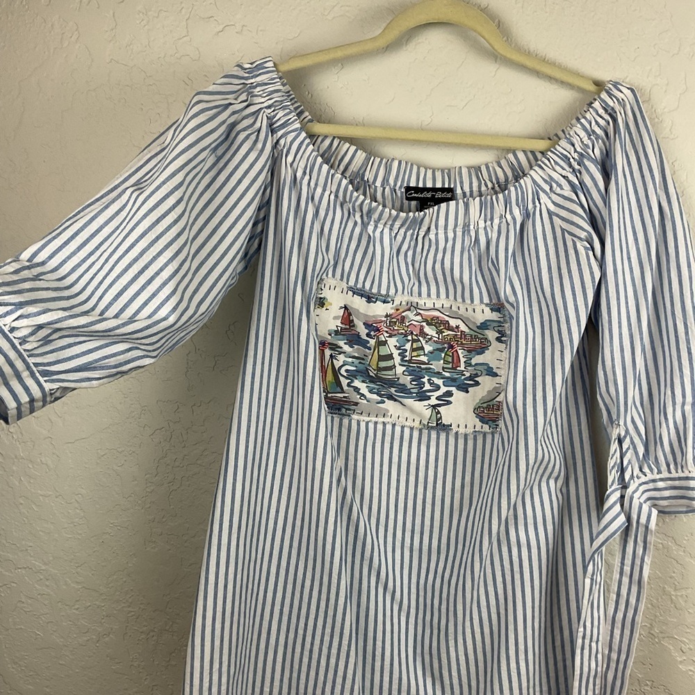 Candalite Petite Striped Off-Shoulder Tunic Top Nautical Print Tie Sleeve Sz XLP